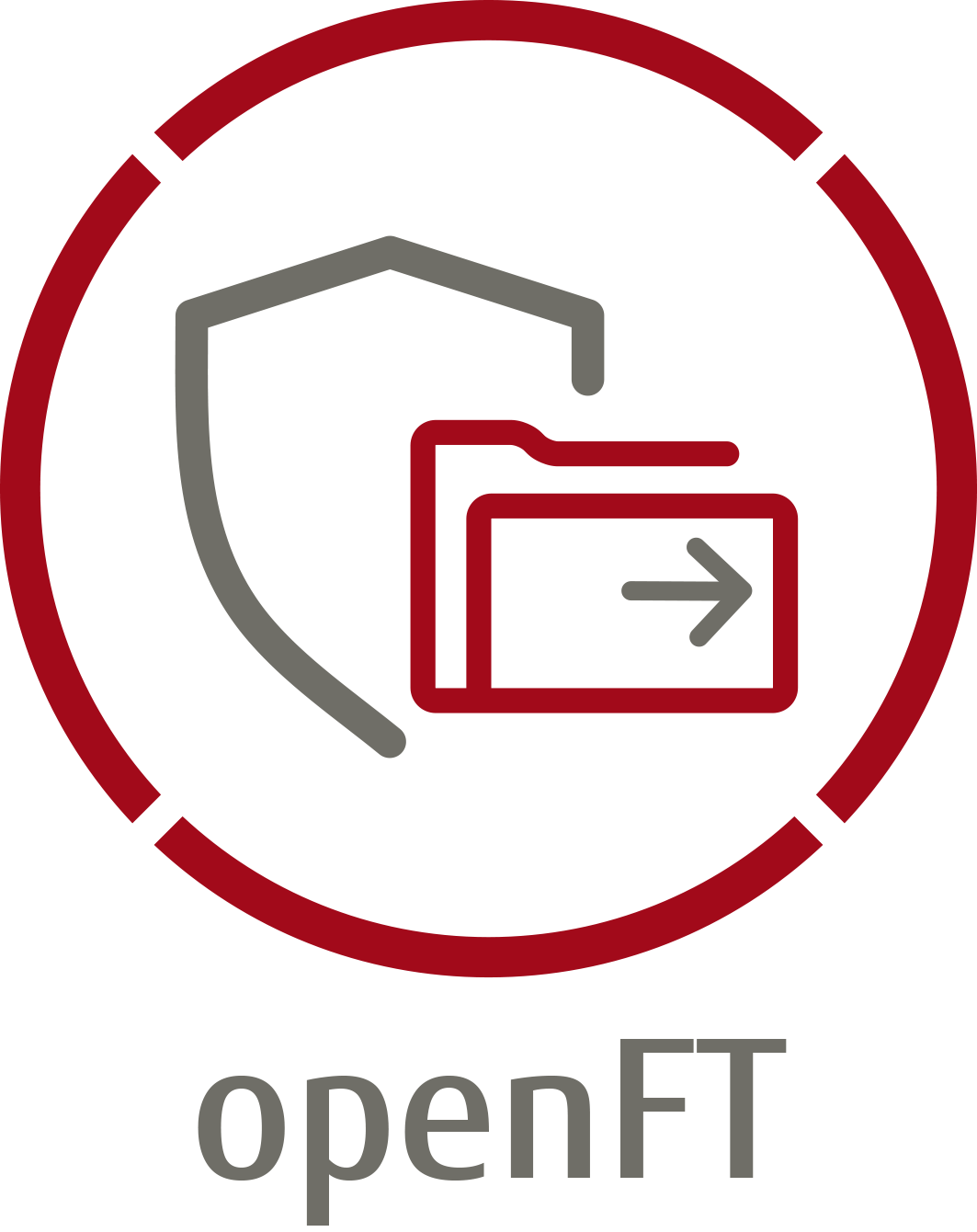 openFT Logo: Ein roter Kreis indem ein graues Schild und ein roter Ordner mit einem grauen Pfeil abgebildet ist. Unterschrift openFT.